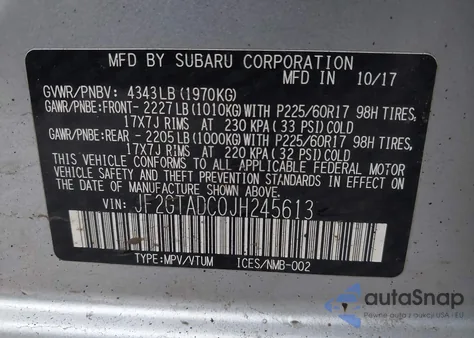 2018 Subaru Crosstrek 2.0I Premium z USA, uszkodzony, nr VIN JF2GTADC0JH245613